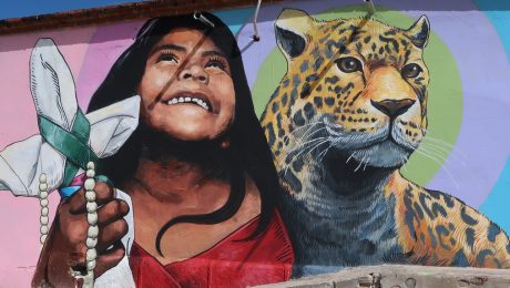 The mural entitled “In defense of the sacred,” was painted by Dante Aguilera and Nick Mestizo during the Día del Jaguar festival.